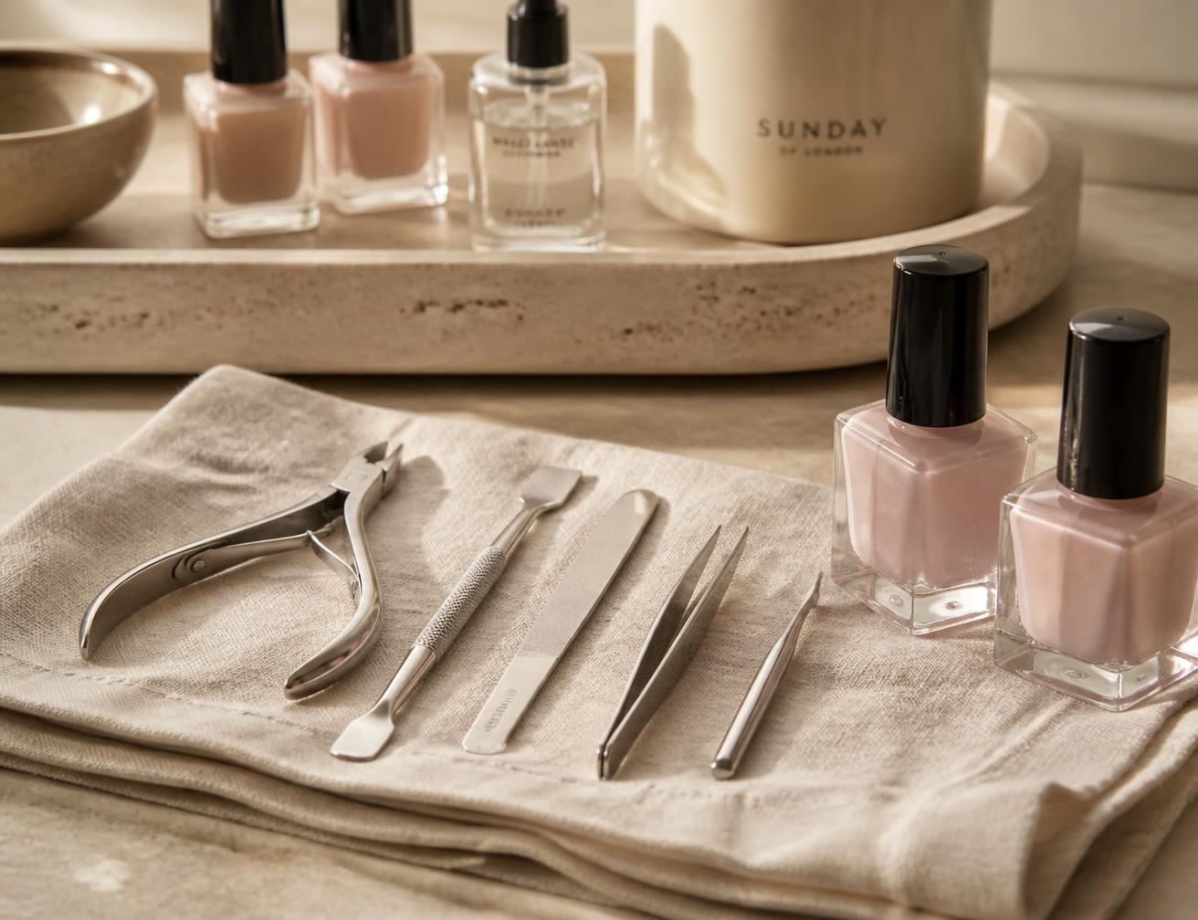 Sterile steel nail tools laid on folded linen beside sheer nude polishes