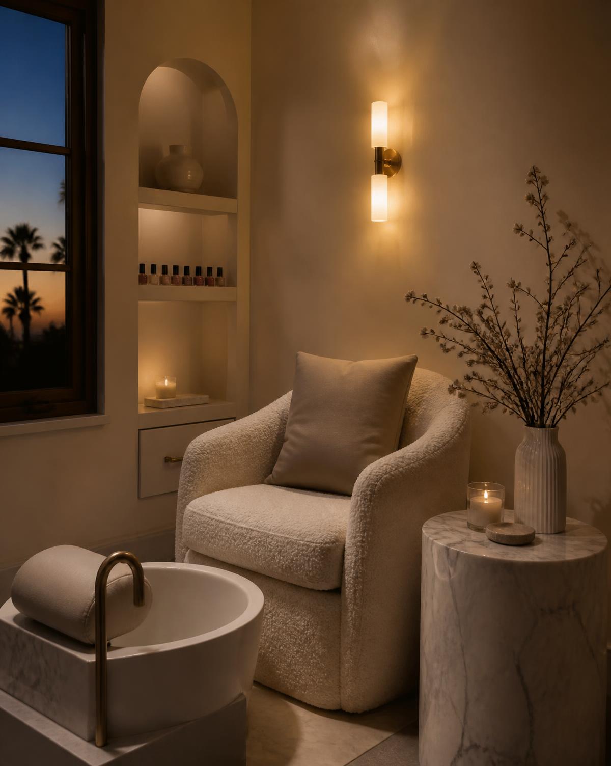 Private treatment nook with bouclé chair and candlelight at dusk